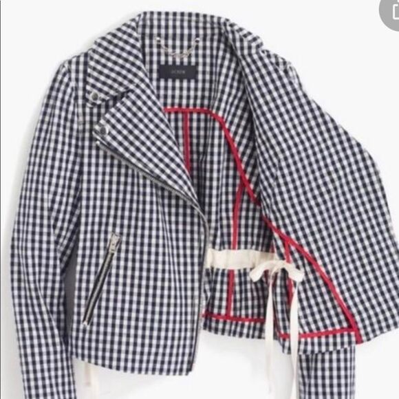 J. CREW Collection Size 8 Navy White Gingham Moto Asym Zip Jacket - Picture 8 of 13